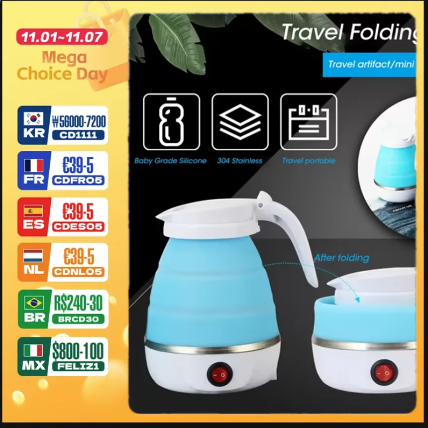 220V 0.6L Mini Folding Kettle Portable Water Heater 600W Silicone Compression Electric Kettle Home Kettle Easy To Travel