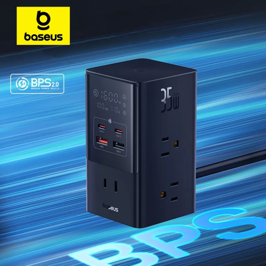 Baseus 35W Fast Charger Digital Power Strip 7-in-1 Charging Station 4000W Rated Power Digital Display For iPhone16 15 14 Pro Max