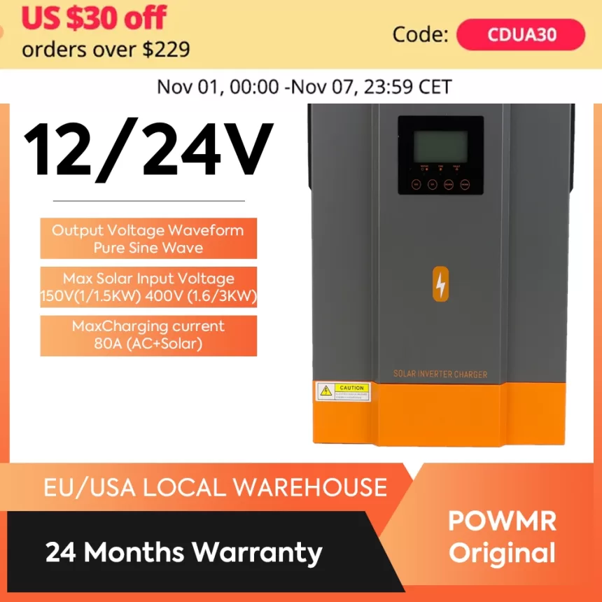 PowMr 12V 24V Hybrid Solar Inverter MPPT 80A Off Grid Solar Inverter Pure Sine Wave 220V 230V 1KW 1.5KW 3KW Max PV Power 2KW 3KW