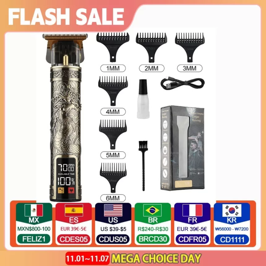 T9 LCD Electric Hairdresser Oil Shaving Head Electric Pusher Carving Electric Pusher Clipper Hair Precision Trimmer for Men Care