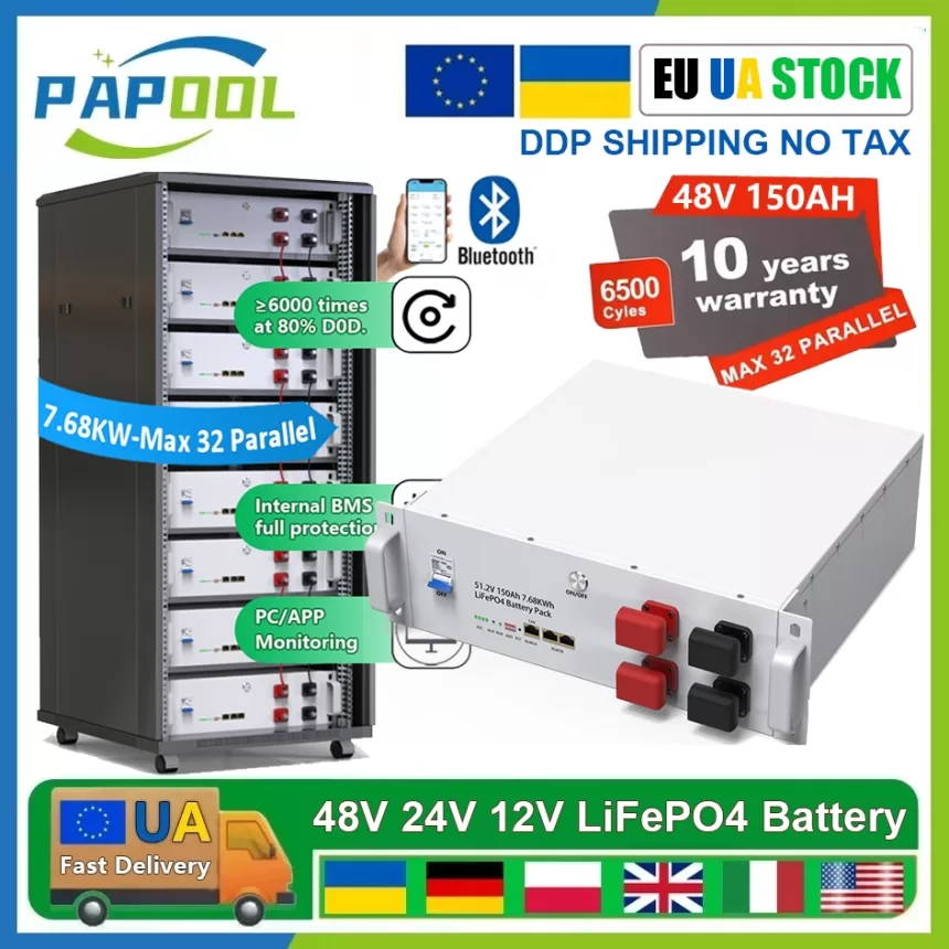LiFePO4 48V 100Ah 150Ah 200Ah Battery Pack 6000+ Cycles Bluetooth 24V 12V 140Ah Lithium Battery Pack For Home Energy PL UA STOCK