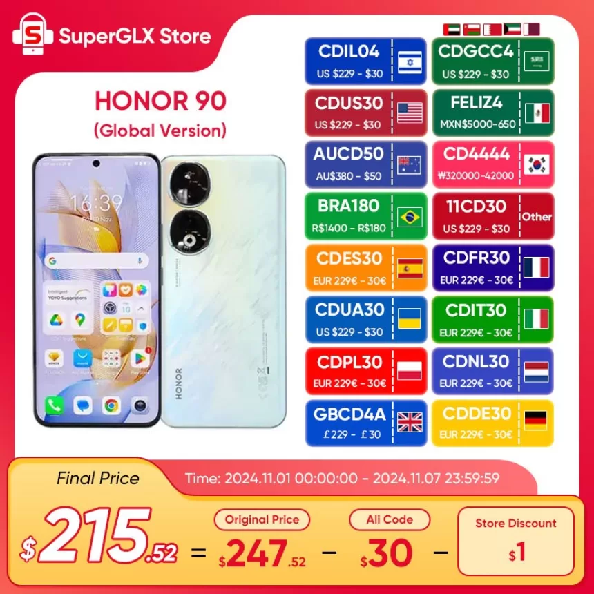 New Global Version HONOR 90 5G 200MP Ultra-Clear Camera Snapdragon 7 Gen 1 5000mAh Battery Life 66W Supercharger 120Hz Display
