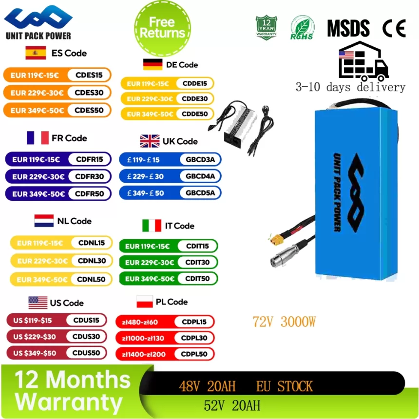 48V 40Ah 60V 72V Ebike Batteri Pack 52V 50AH 36V Electric Bicycle Escooter Battery 4400W 500W 750W 1000W 1500W 1800W 2000W 3000W
