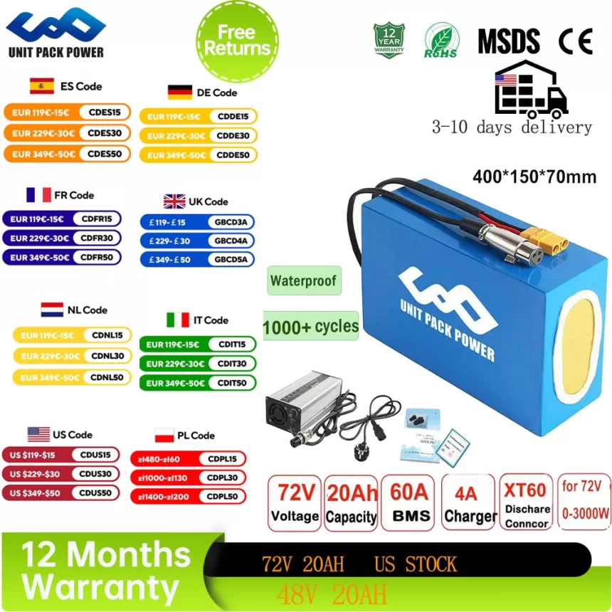 18650Ebike Battery Pack 72V 40AH 60V 24AH 52V 48V 36V for Electric Bicycle Escooter 1000W 1500W 1800W 2000W 2500W 3000W