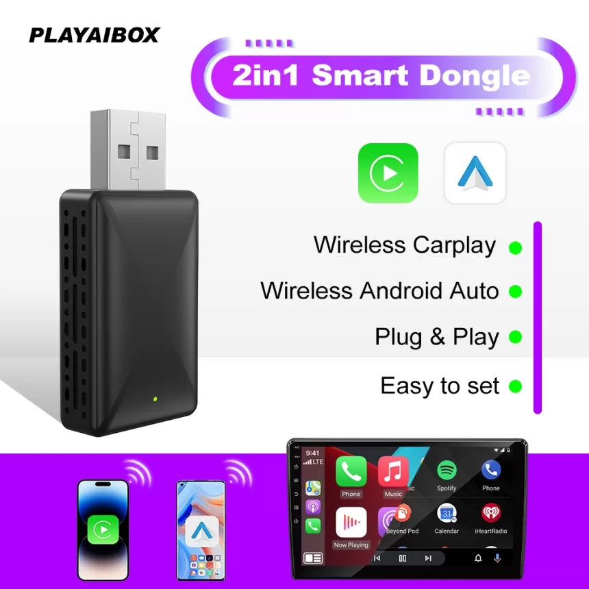 PLAYAIBOX Android Auto Wireless Carplay Adapter 2in1 Wireless Play&Plug For Benz Audi Kia Chery Jeep Volvo Hyundai Porsche VW