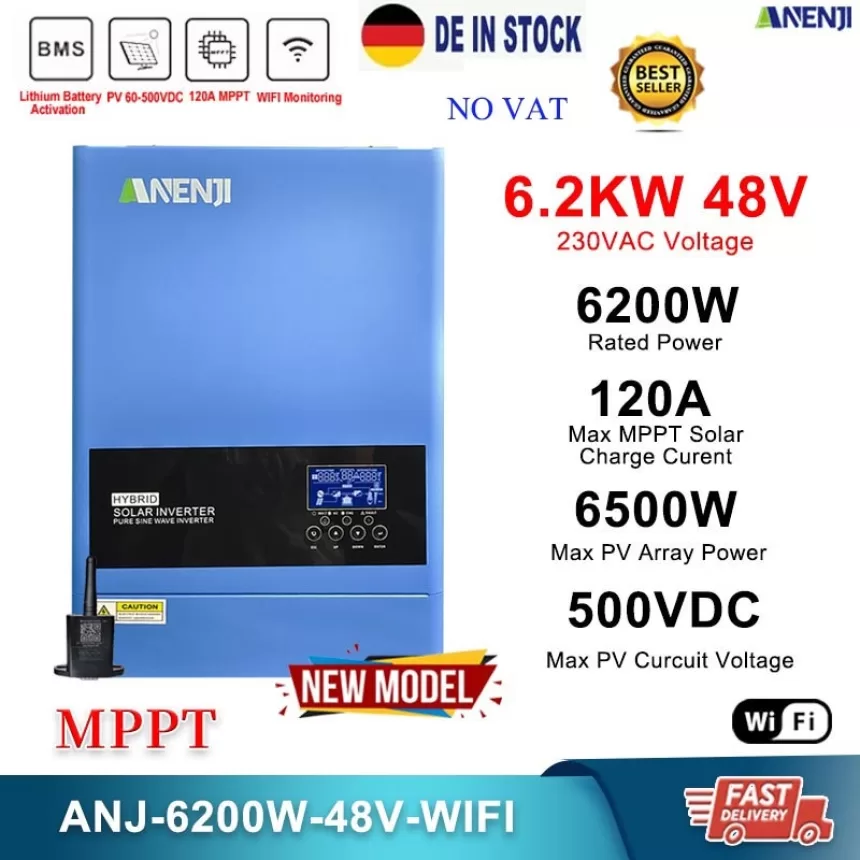 6.2KW Hybrid Solar Inverter 48V 230V Photovoltaic Inverter Pure Sine On/Off Grid Built-in 120A MPPT Solar Charge Controller