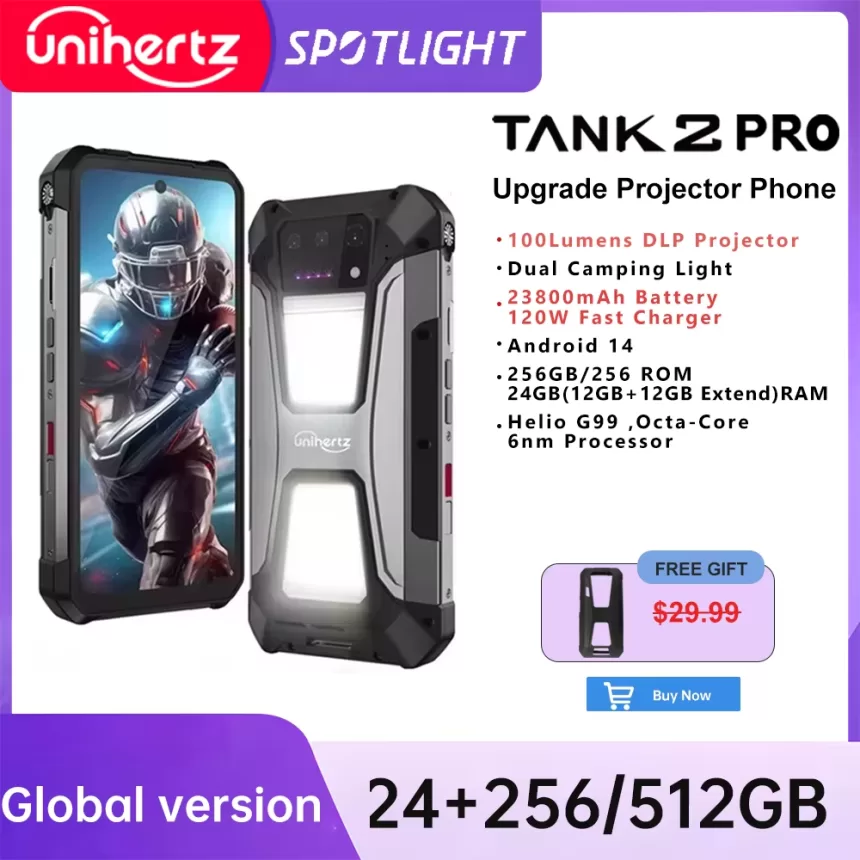 Unihertz tank 2 Pro 8849 rugged smartphone with projector 2.4K 23800 mAh 24GB + 512GB mobile phone Android 14 100MP NFC cell phone