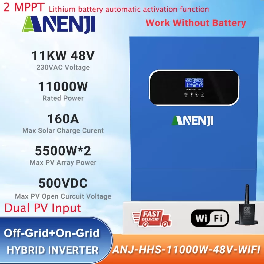 11KW Hybrid Solar Inverter 48V 230VAC Photovoltaic Inverter Off Grid Tie Built in 160A Dual MPPT Solar Charge Controller PV 500V