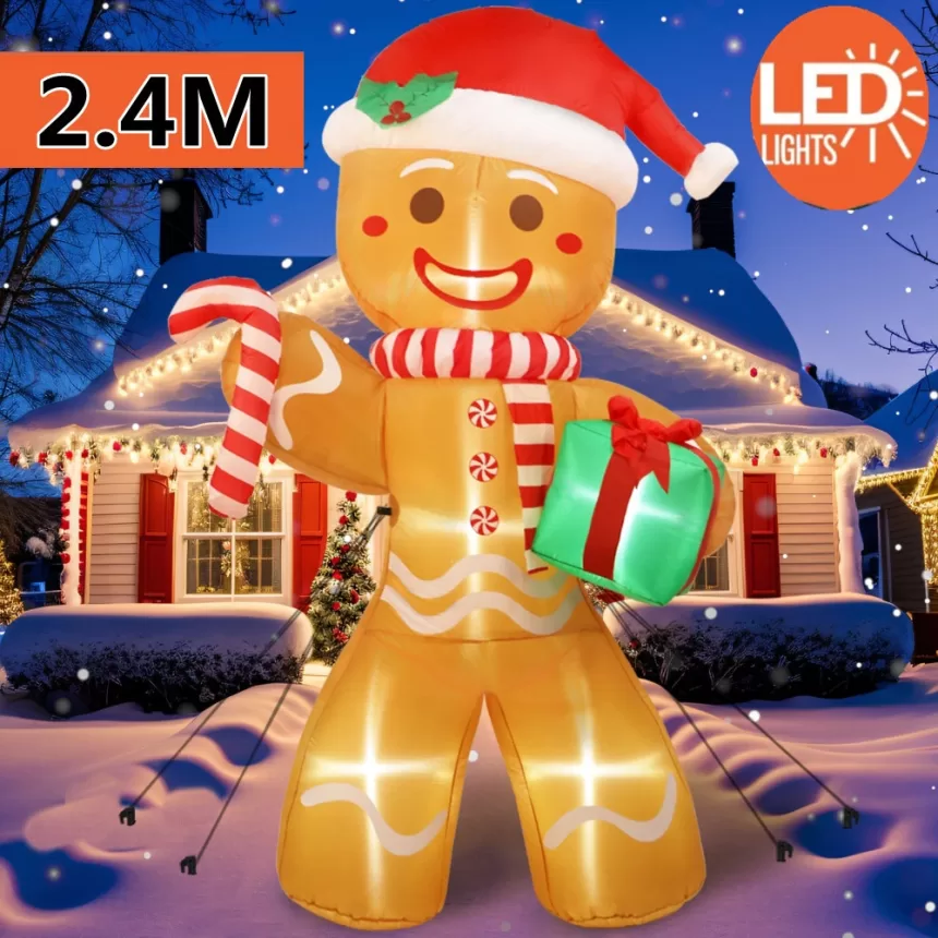 8FT/2.4M Christmas Inflatables Gingerbread Man with Gift Pack Outdoor Decorations Xmas Yard Decorations with LED Lights for Lawn