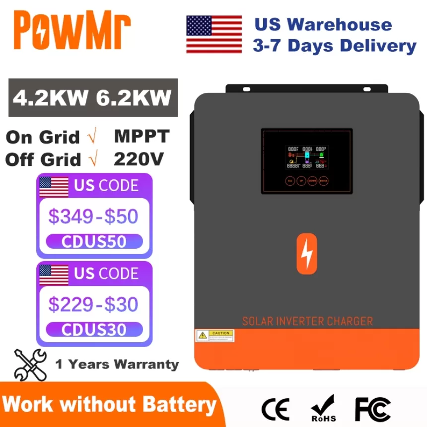 PowMr 6.2KW 4.2KW Hybrid Solar Inverter On Grid Pure Sine Wave Inverter 24V 48V 230V Dual Output with MPPT 120A Solar Charger