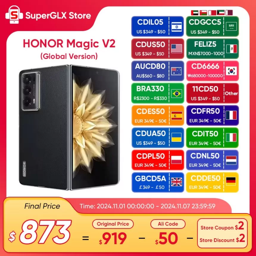 Global Version Honor Magic V2 5G Foldable LTPO OLED 120Hz Display 7.92" 50MP Rear Cameras Snapdragon 8+ Gen 2 5000mAh 66W NFC
