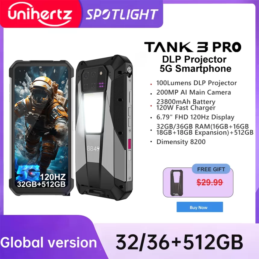 Unihertz Tank 3 Pro 8849 Rugged Smartphone android 5G with 100 Lumens Projector 32/36GB 512GB 23800mAh Waterproof 200MP phones