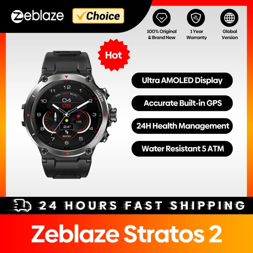 Zeblaze Stratos 2 GPS Smart Watch 1.3" AMOLED Display 24h Health Monitor Long Battery Life Sports Smartwatch for Men