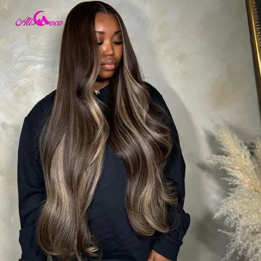 32inch Brown Highlights Blonde Body Wave Human Hair Wig 13x4 Transpaprent Lace Front Wigs Pre-Plucked Long Hair Wig For Woman