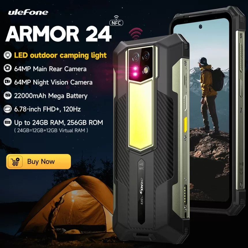 Ulefone Armor 24 22000mAh Battery,Rugged IP68/IP69K，Android 14,Up to 24GB RAM,256GB ROM ,64MP Night Camera , 6.78"