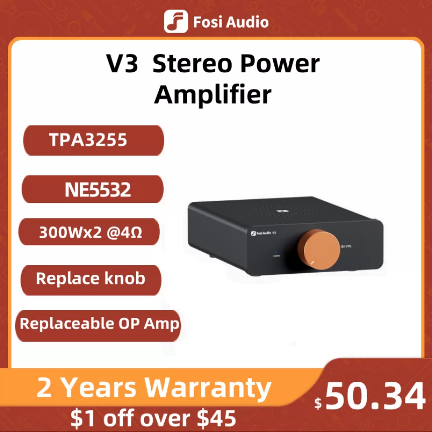 Fosi Audio Stereo Power Amplifier 300W x2 TPA3255 Class D Mini Speaker Amp 2 Channel Audio Amplifier for Passive Bookshelf
