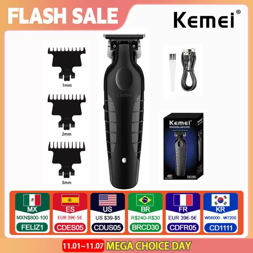 Kemei 2299 Barber Cordless Hair Trimmer 0mm Zero Gapped Carving Clipper Detailer Professional Electric Finish Cutting Machine