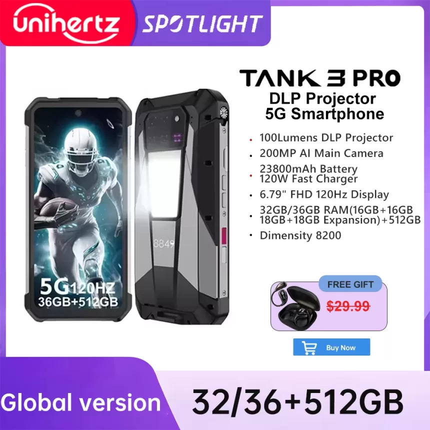 Unihertz Tank 3 Pro 8849 with 100 Lumens 120Hz Projector ,32GB/36GB RAM,512GB ROM,23800mAh 120W Fast Charger,5G,200MP Camera