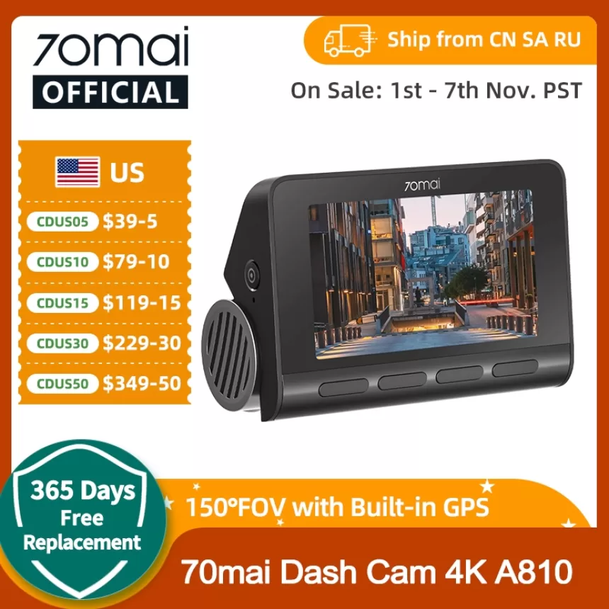 70mai Dash Cam A810 UHD 4K 150FOV GPS ADAS 24H Parking 4G Connectivity Car DVR 70mai 4G A810 HDR Dual-Channel Route Tracking