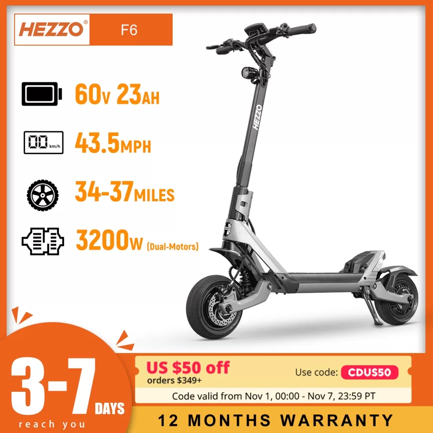 HEZZO F6 Folding Electric Scooter 40MPH 60V 3200W Dual Motors 10 Inch Off-road Escooter 23AH 40 Miles Long Range Full Suspension