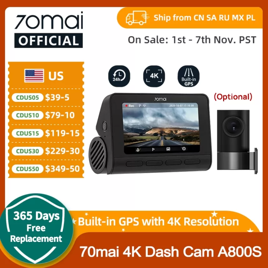 70mai 4K Dash Cam A800S Built-in GPS ADAS 140°FOV 70mai Camera Car DVR 24H Parking Monitor Front Cam Only, Support Rear Cam