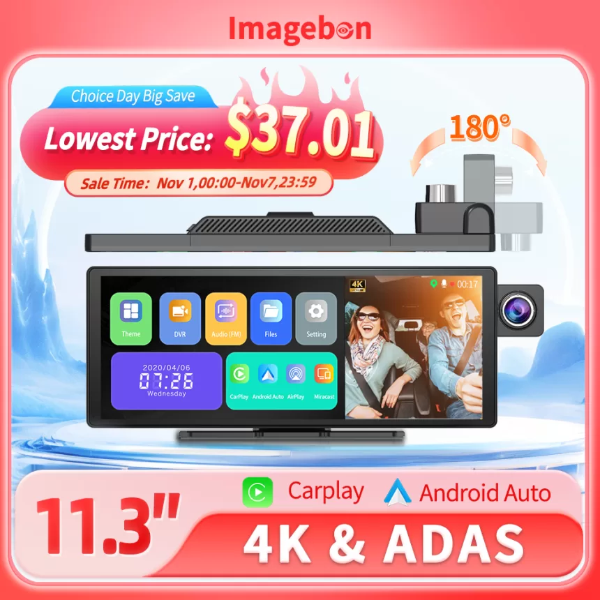 11.3" Imagebon H50 Dash Cam 4K ADAS Wireless CarPlay & Android Auto 3 Channel Recording Time Lapse 24h Park Monitor Black Box