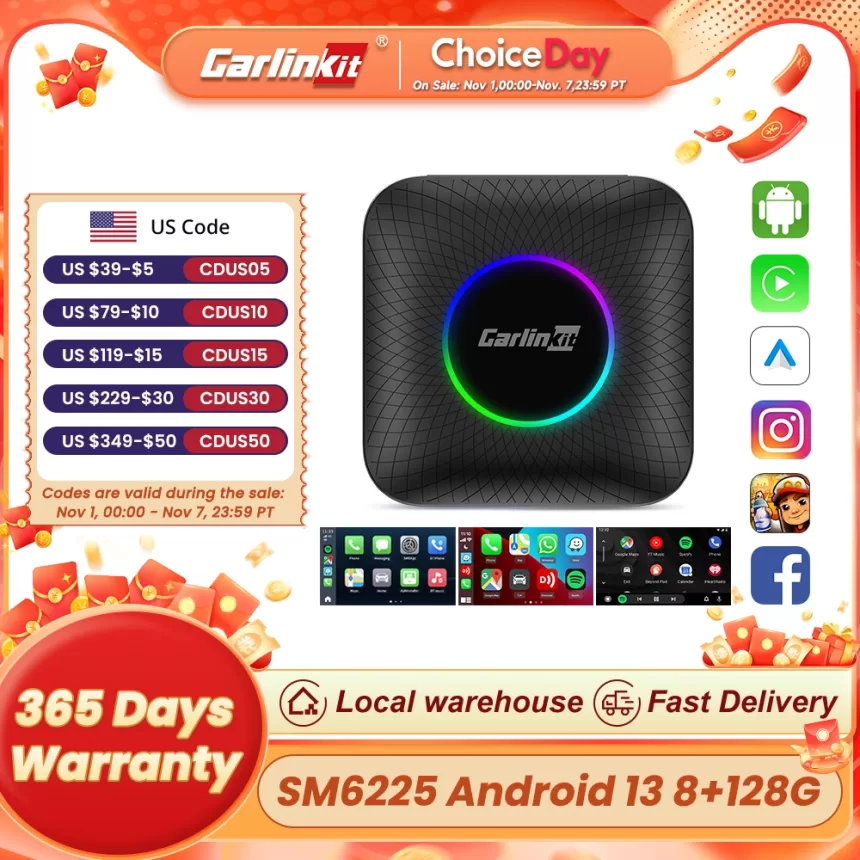 CarlinKit CarPlay Ai Box Android 13 SM6225 8 cores 8G+128G Smart Android TV Box Wireless CarPlay Android Auto Support 512GB SD