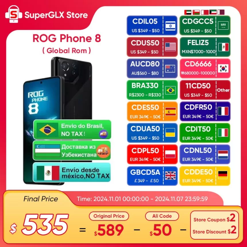 ROG Phone 8 & 8 Pro 5G Gaming Phone Snapdragon 8 Gen 3 6.78'' 165Hz E-Sports AMOLED Display 50MP IMX890 Camera 65W Fast Charging
