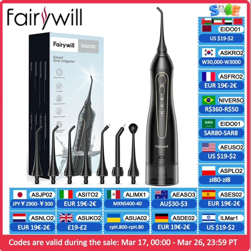 Fairywill Water Flossers Oral Irrigator Rechargeable Portable Dental 3 Modes Water Tank for Teeth 300ML Waterproof Teeth Cleaner