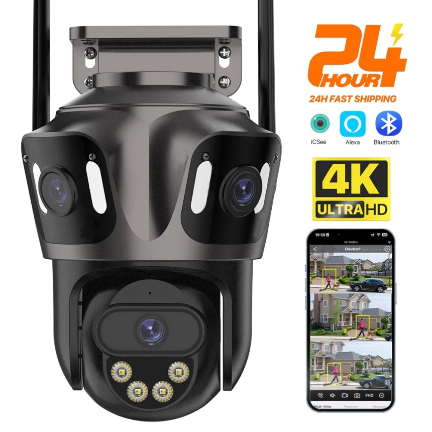 Three Screen WIFI IP Camera Outdoor 4K Dual Lens PTZ Camera Ai Human Detection IP66 Waterproof CCTV Video Security Camera iCsee