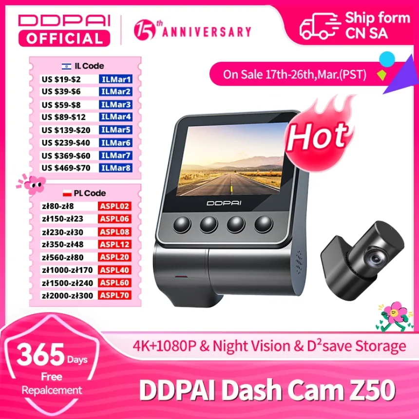 DDPAI Dash Cam Z50 Front and Rear 4K Cam Car Camera with 4K Built-in WiFi GPS ADAS Dual Dash Camera Car DVR Support Rear Cam