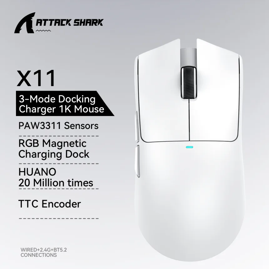 Attack Shark X11 PAW3311 22KDPI 400IPS Wireless Mouse ,Tri-Mode Connection 2.4GHz/Wired/Bluetooth RGB PC Gaming Mouse