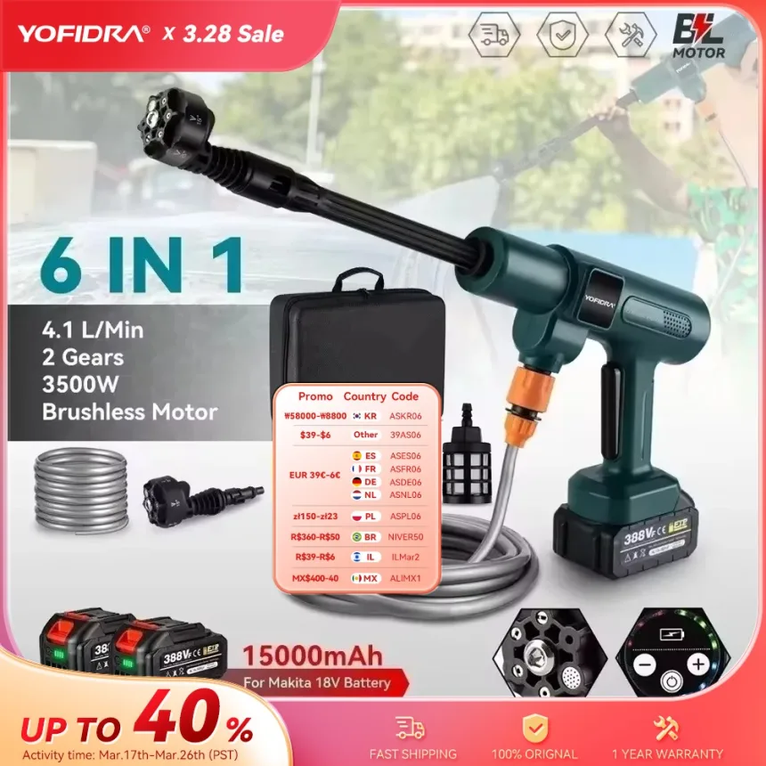 3500W 200Bar Brushless High Pressure Car Wash Washer Gun 6 IN 1 Cordless Foam Generator Cleaning Machine For Makita 18V Battery