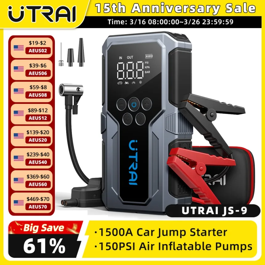 UTRAI 1500A Car Jump Starter Power Bank Portable 150PSI Air Pump Car Battery Emergency Boosters Starting Device Car Starter 2024