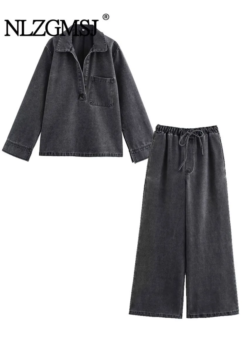 2024 Autumn Jeans Sets Women Turn-down Collar Casual Top Fashion High Waist Streetwear Female Denim Pant Two Piece Set