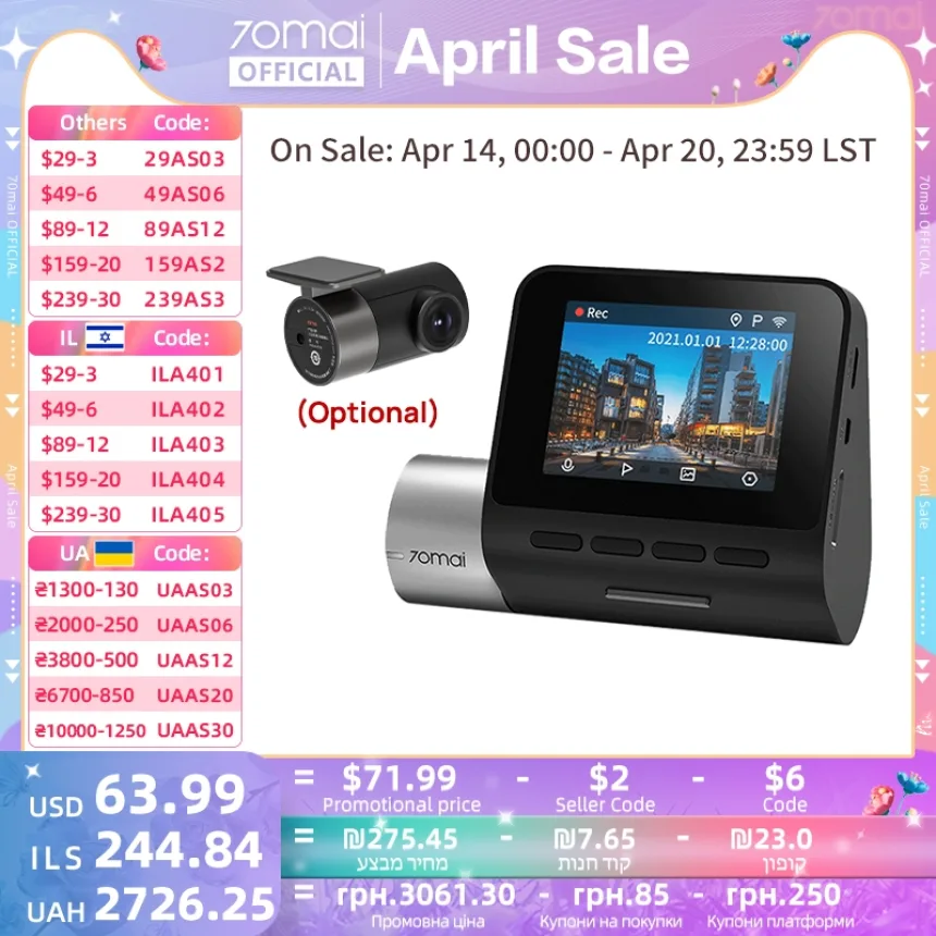 70mai Dash Cam Pro Plus A500S 1944P ADAS GPS Camera 70mai Front Cam A500S 140FOV Car DVR 24H Parking Support Rear Interior Cam