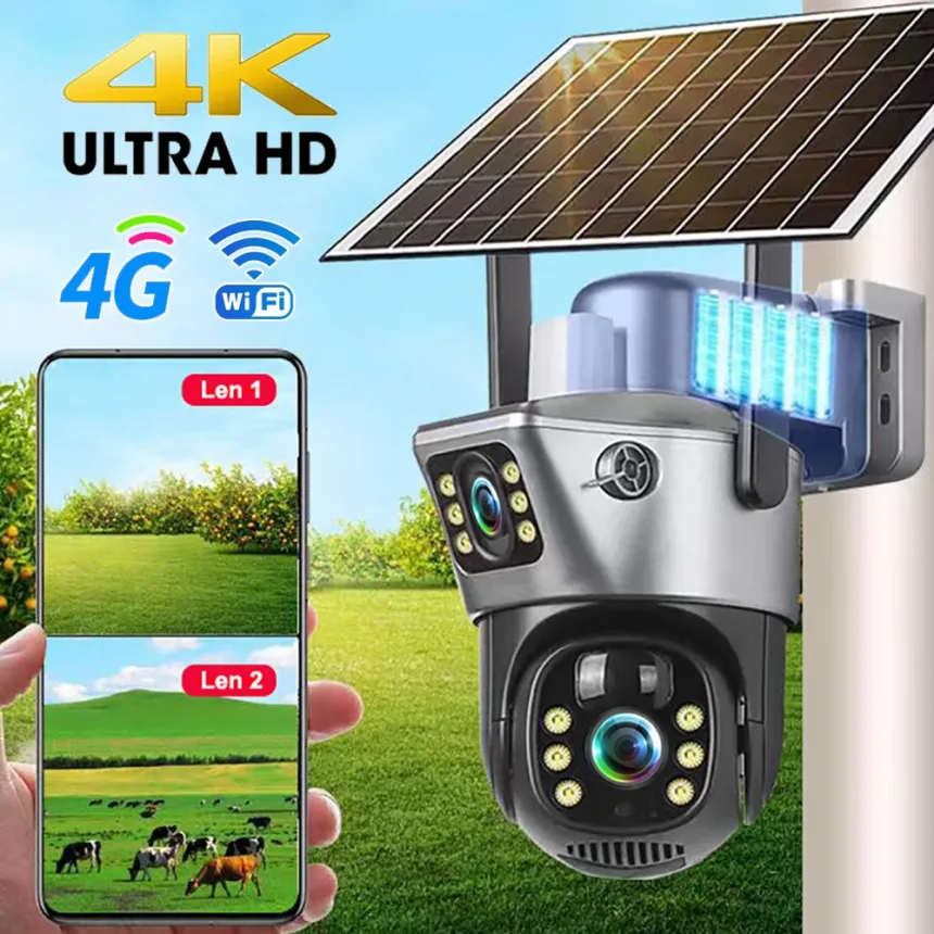 4G Sim Card Solar Camera Dual Lens Outdoor 8MP 4K Low Power Battery IP Camera PIR Night Vision V380 Pro CCTV Security Protection