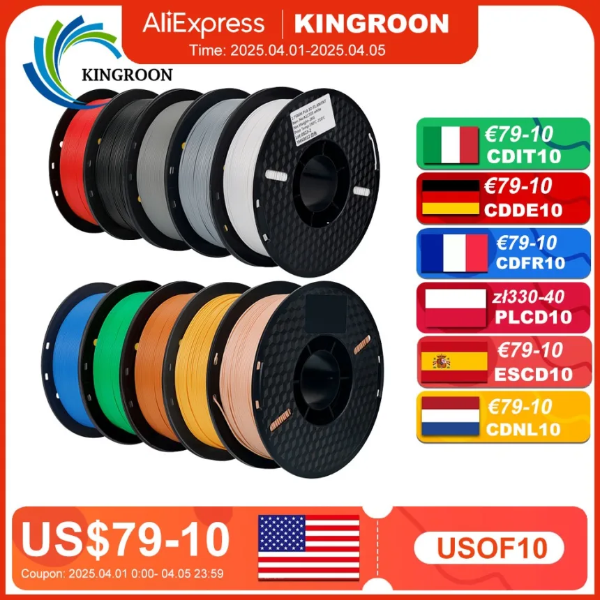 KINGROON 22LBS PETG or PLA filament 3D Printer Filament 10 Rolls 1KG 1.75MM Eco-Friendly Good Toughness Mix Color Free Shipping