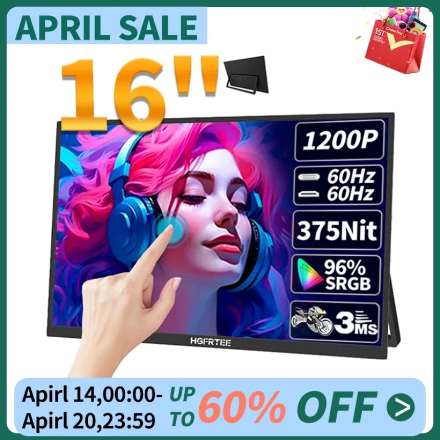 HGFRTEE 16inch Touch Portable Monitor 16:10 96%sRGB 350Cd/m² Second Screen For Laptop With Holder Stand Type-C HDMI-Compatible