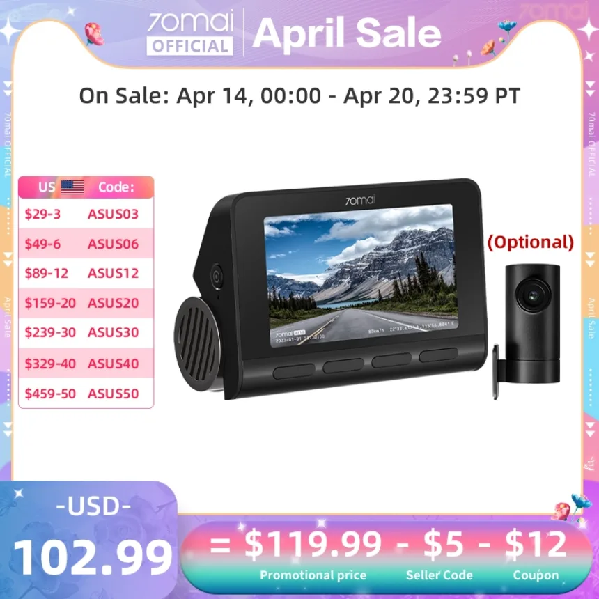 70mai 4K Dash Cam A810 Ultra HD Built-in GPS ADAS Auto Record 150FOV Motion Detection 70mai A810 4G Car DVR Support Rear Cam