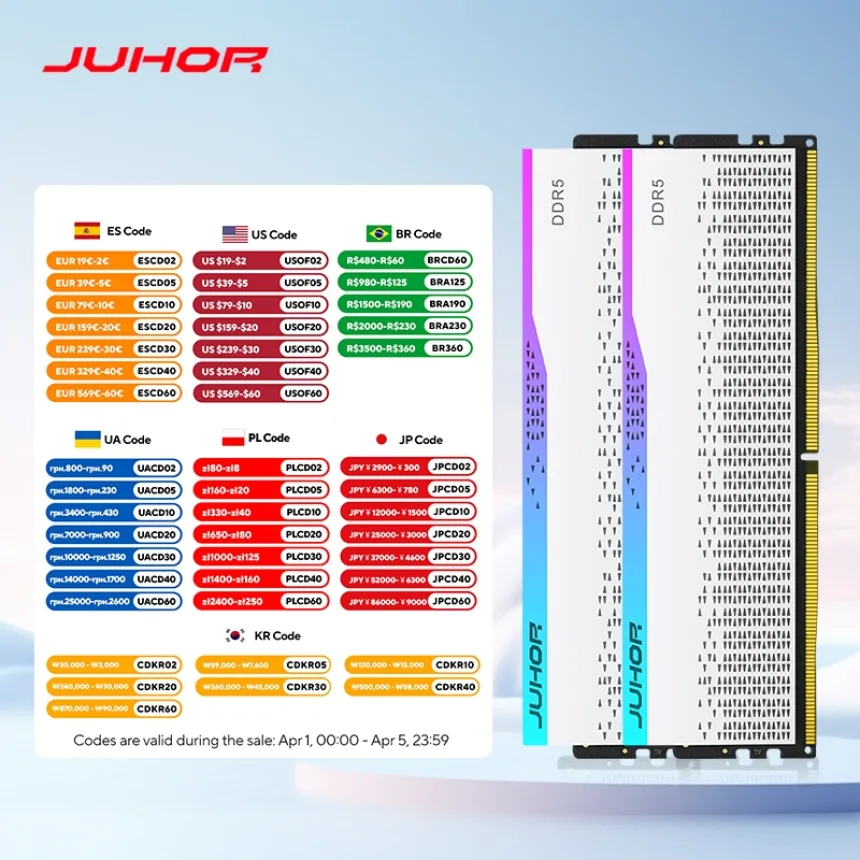 JUHOR Desktop Memory RGB DDR5 16GBX2 6000MHz 5600MHz Dimm High speed Memoria Ram