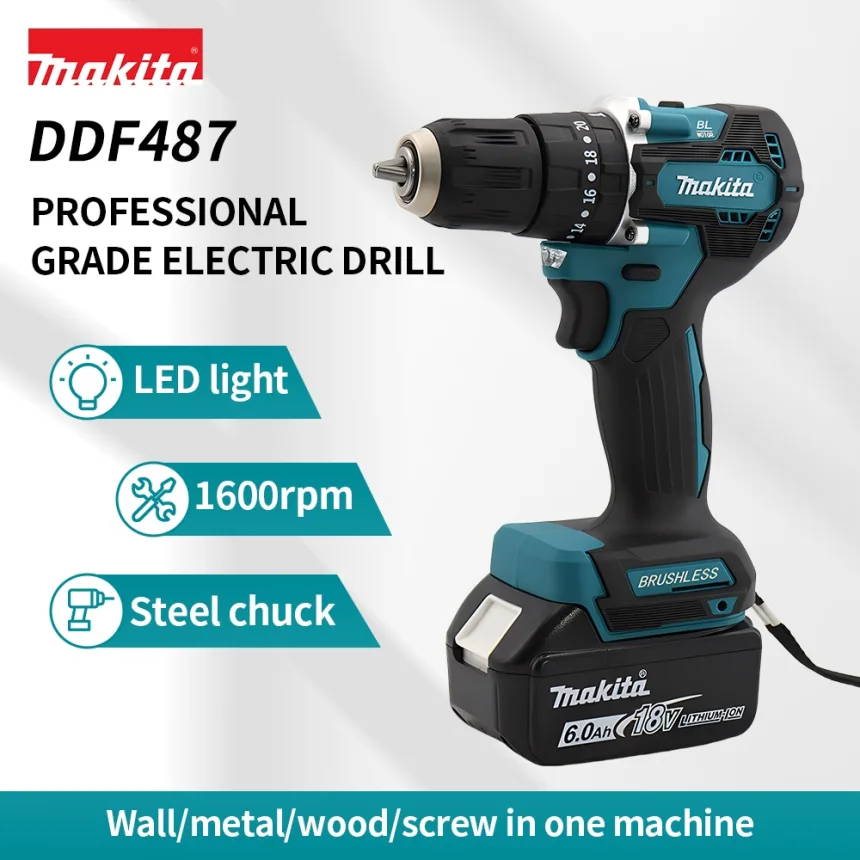 Makita DDF487 18V Cordless Brushless Electric Drill Driver Compact High Torque LXT Electric Variable Speed Brushless Motor Tool