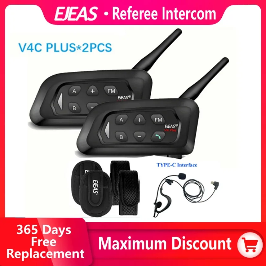 EJEAS V4C Plus Football Referee Intercom Headset Bluetooth 1500M Full Duplex Headphone Soccer Conference Interphone
