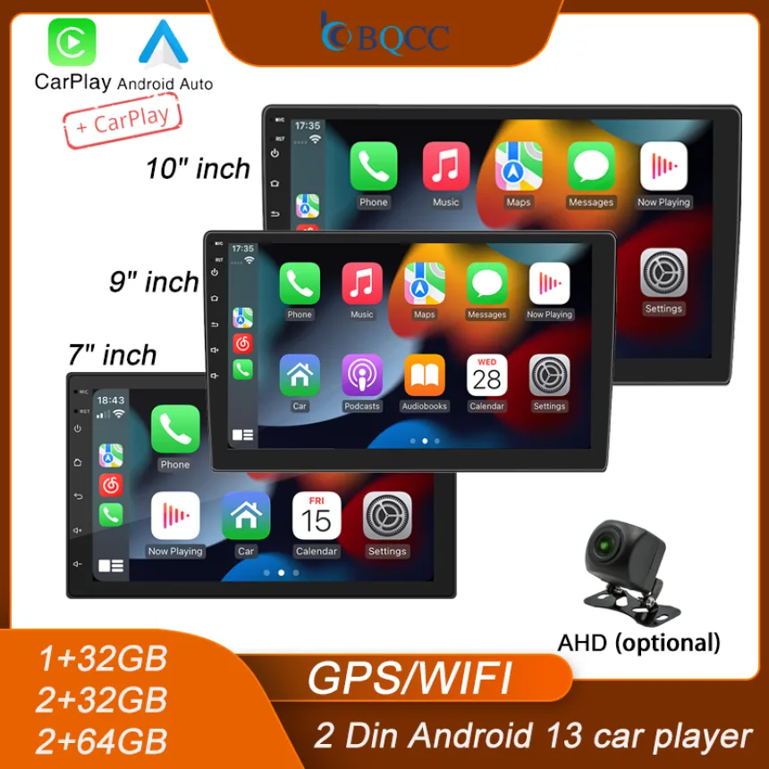 BQCC 4core 2 Din Car Radio Androidauto Carplay Android 13 GPS Car Audio 7"/9"/10" WIFI BT IPS Automotive Multimedia Player