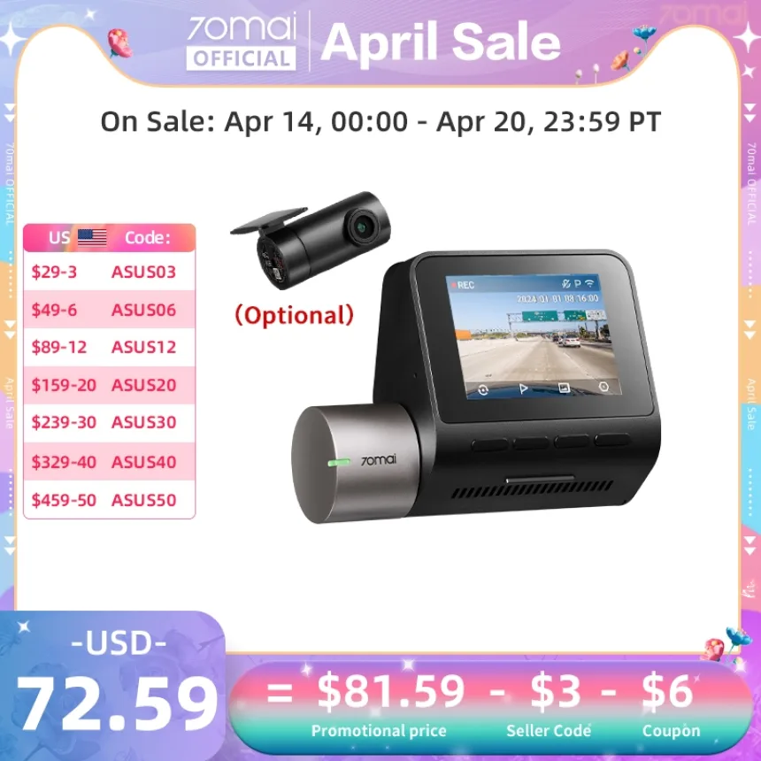 2024 New 70mai Dash Cam A510 1944P HDR GPS ADAS 4G Connectivity 70mai 4G Front Cam A510 Car DVR 24H Parking Support Rear Cam