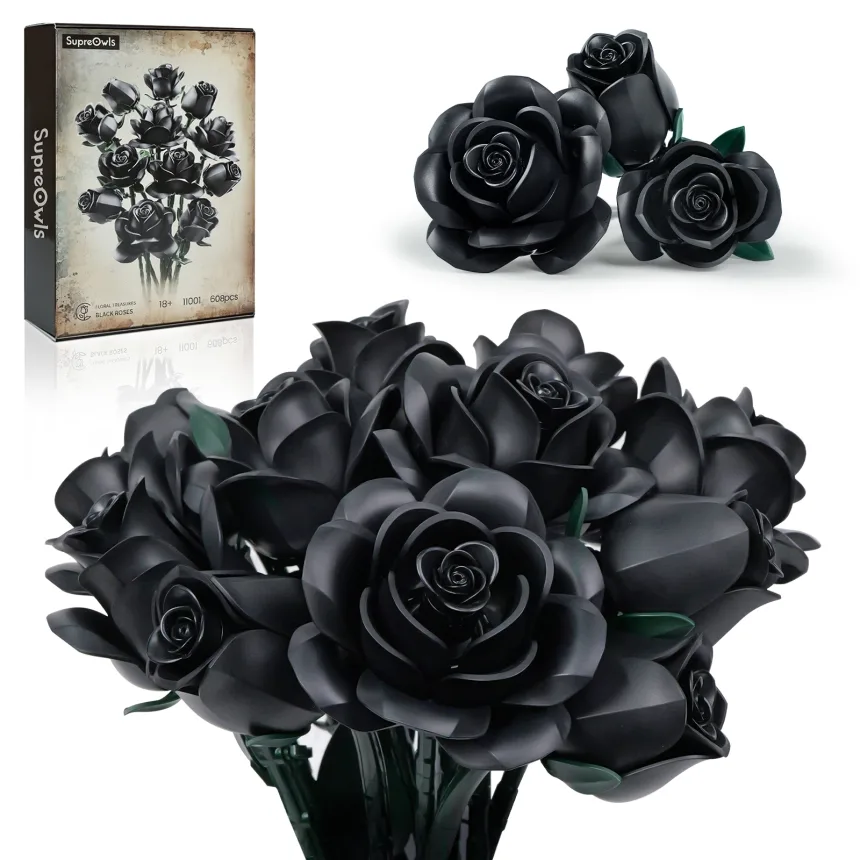 12 PCS Black Rose Building Block Set Plant Bouquet High Quality Simulated Roses Flowers Gothic Decoration Mother's Day Gift