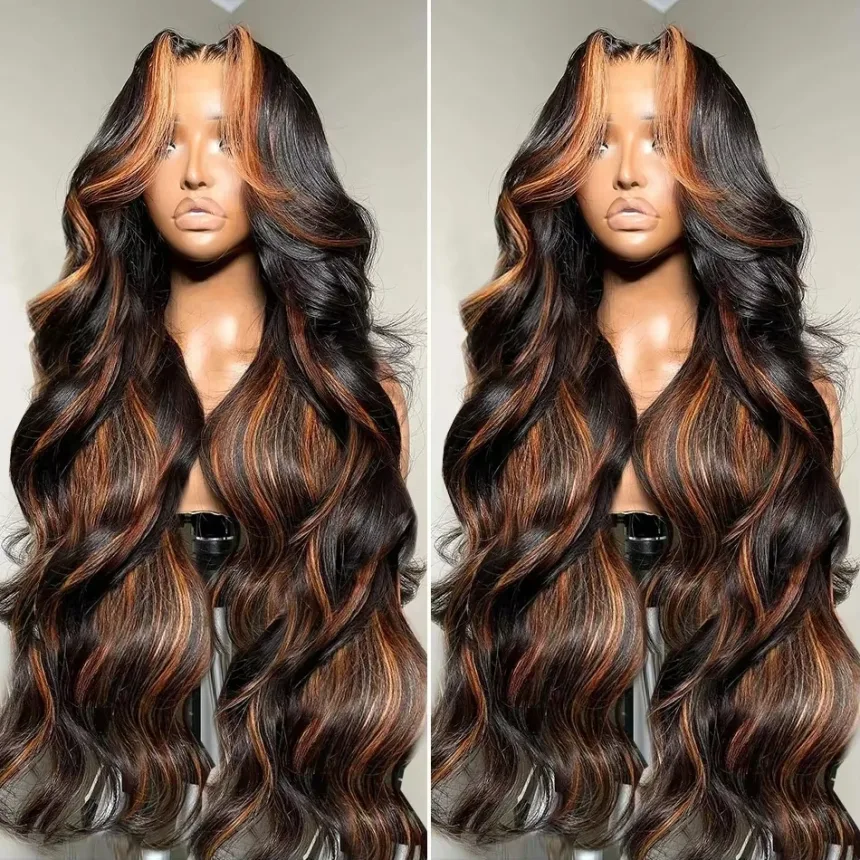 300% Density Ombre Highlight Body Wave 13x4 HD Lace Front Human Hair Wig Curly 1B/30 Black Brown Colored 13x6 Lace Frontal Wigs