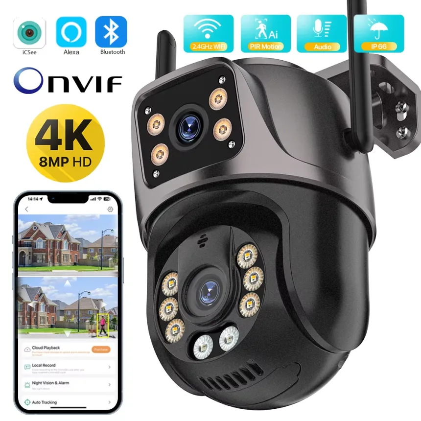 4K 8MP HD Wifi PTZ Camera Outdoor 6MP Dual Lens Dual Screen AI Auto Tracking IP Camera CCTV Audio Video Surveillance P2P iCSee