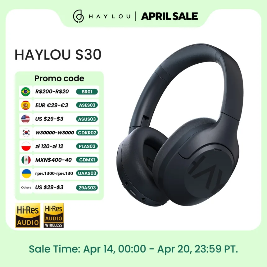 HAYLOU S30 Wireless Bluetooth 5.4 Headphones 43dB Adaptive Noise Cancelling Headsets 40mm Driver 80H Playtime Earphones