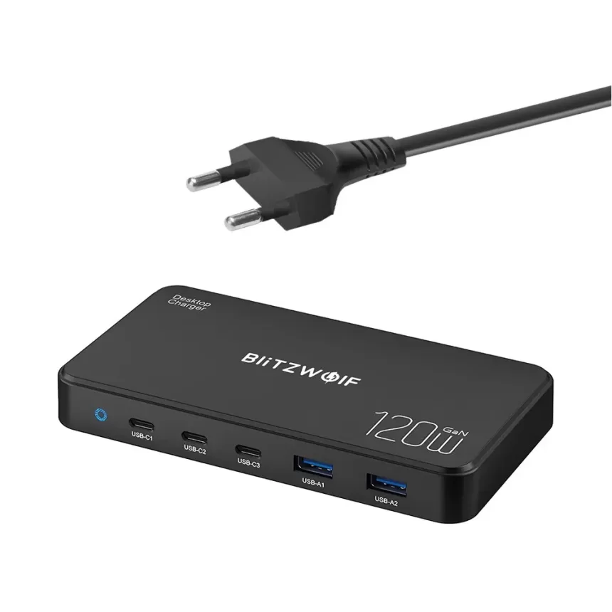 [GaN Tech] Blitzwolf® BW-i100 120W 5-Port USB PD Charger 2USB-A+3USB-C PD3.0 QC3.0 AFC FCP SCP PPS PE APPLE Fast Charging Desktop Charging Station